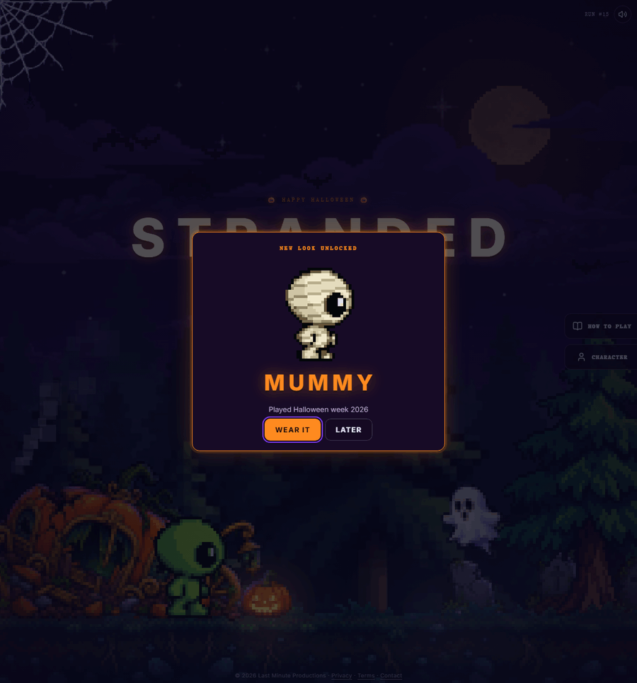 STRANDED: The home screen, with a costume you can wear