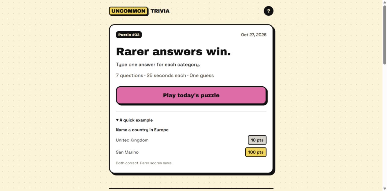 Uncommon Trivia game screenshot